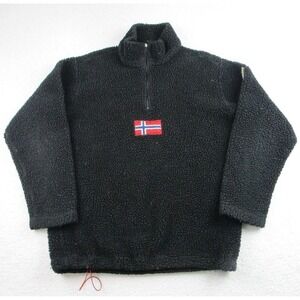 Napapijri Sweater Mens Medium Black Sherpa‎ Fleece Quarter Zip Norway Flag Patch